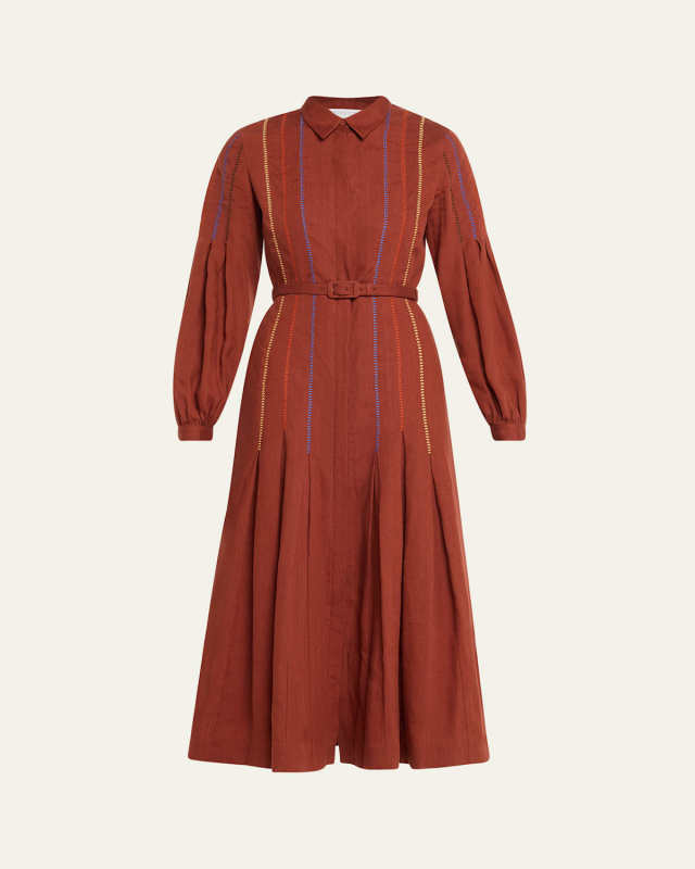 Aleka Pleated Linen Long-Sleeve Midi Shirtdress